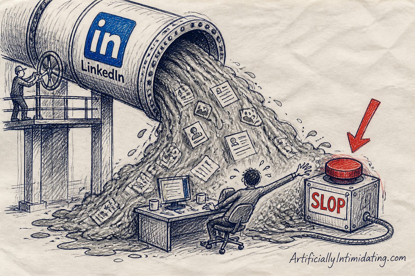 Editorial cartoon: a giant LinkedIn pipe pours sludge onto an office worker reaching for an oversized red button labeled SLOP