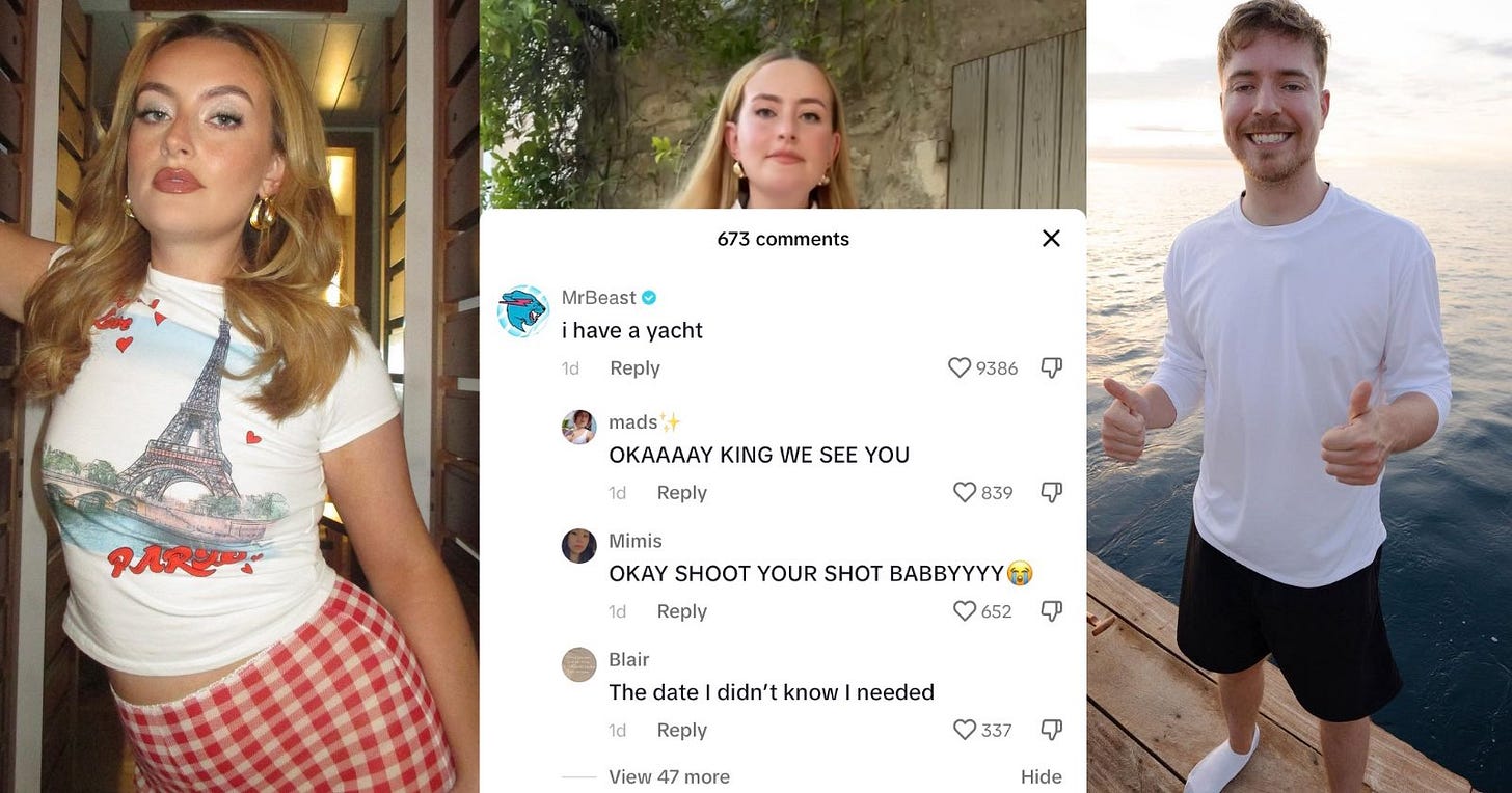 Mr Beast appeared to shoot his shot with Amelia of Chicken Shop Date host Amelia Dimoldenberg in a now-deleted TikTok comment.