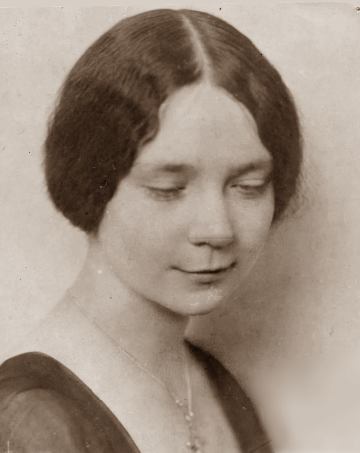 Head and shoulders black and white photograph of Sayers as a young white woman with dark hair, centre parted. She is looking down, smiling slightly. A caption reading "Dorothy L. Sayers, author of Whose Body? Published by Boni and Liveright"