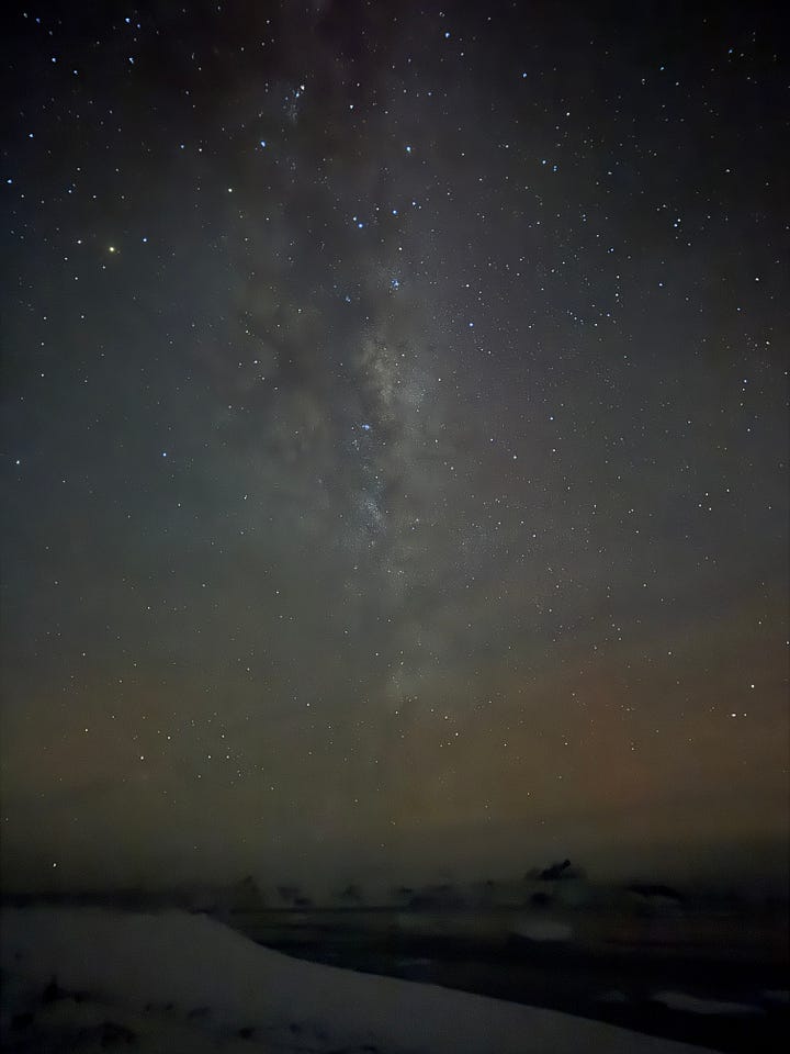 Stars in the Antarctic night sky, with images showing thousands of starts and the Milky Way above Rothera.