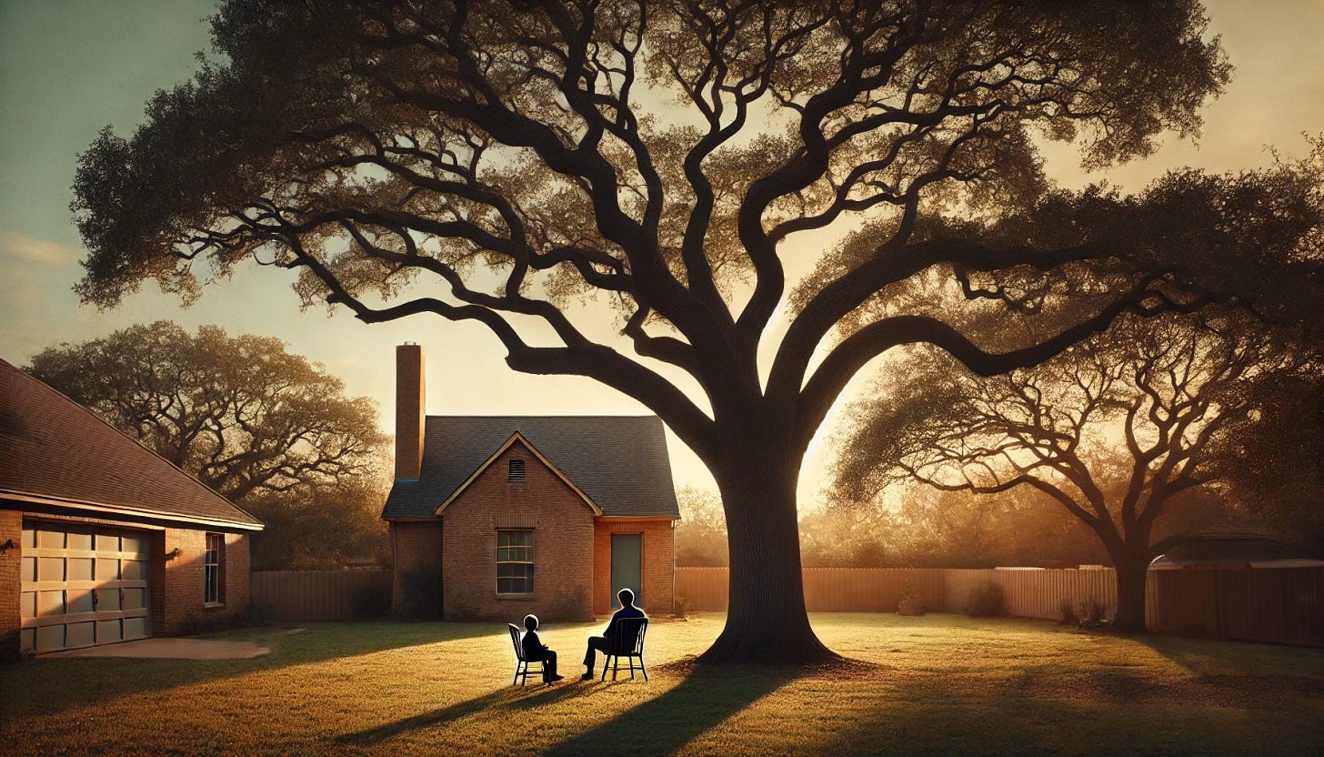A peaceful backyard scene with a single-story brick house in the background, without a chimney. A tall, majestic oak tree stands prominently in the yard, and under the tree, two silhouettes—an adult and a child—sit quietly on simple chairs, creating a feeling of companionship and introspection. The setting is open and serene, with no fence, and the warm light of golden hour filtering through the branches, casting gentle shadows. The brick house is subtle and blends into the background, enhancing the cozy, timeless atmosphere of the scene.
