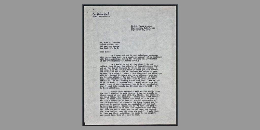 Front page of a typed letter by Ayn Rand