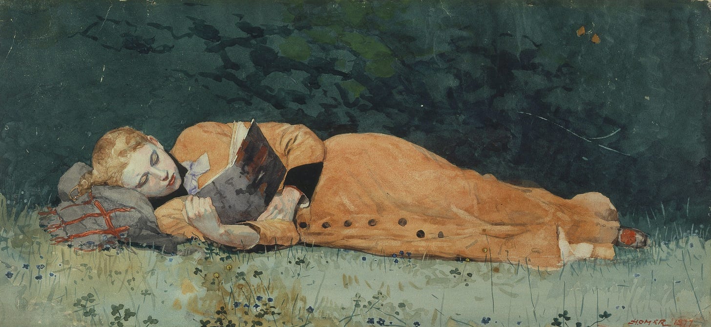 A painting by Winslow Homer in 1877 of a young girl lying on her side on grass under a yellow moon obscured by trees and reading with her coat as a pillow. A painting by Winslow Homer in 1877 of a young girl lying on her side on grass under a yellow moon obscured by trees and reading with her coat as a pillow.