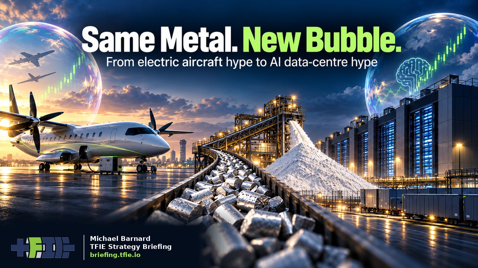 An electric regional aircraft and an AI data-centre campus sit on opposite sides of a conveyor of aluminum, with huge speculative market bubbles above each; a pile of white aluminum hydroxide underscores the materials burden. The headline reads “Same Metal. New Bubble.”