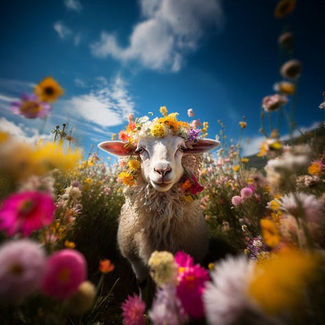 Portrait of a sheep with flowers in its fur, zoomed out image of it with more surrounding flowers and one version whith even more flowers and some of them at the image border are blurred.