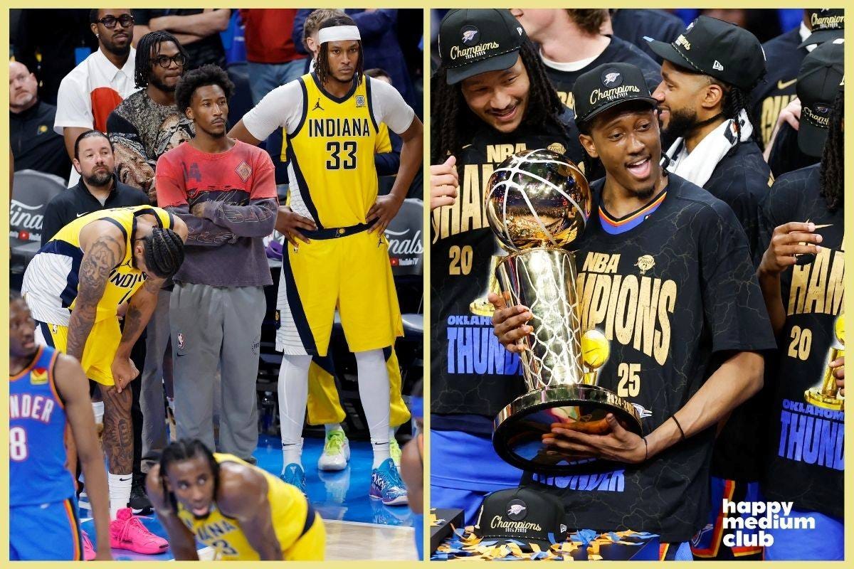Side by side pictures of the Indiana Pacers lamenting their loss and the OKC Thunder celebrating their win.