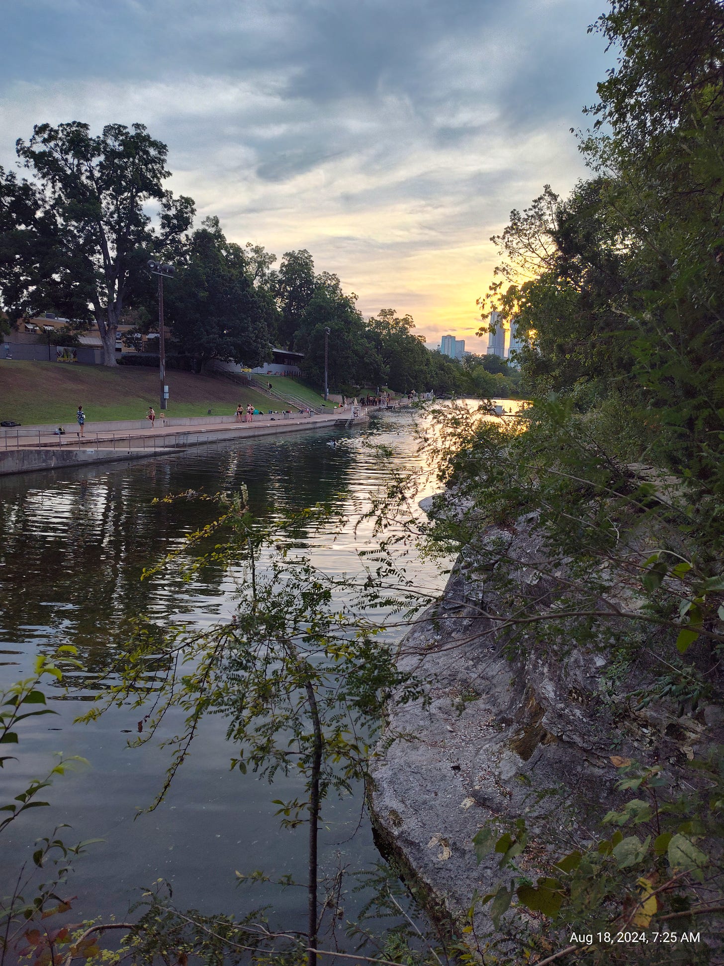  Barton Springs pool at dawn, cloudy sky, trees all around, downtown Austin visible at the end