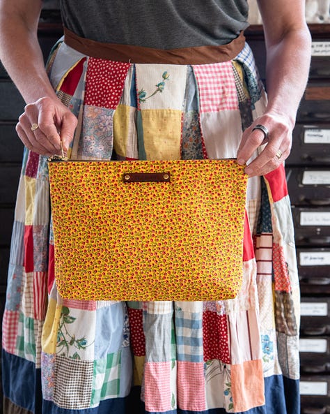 Waxed Canvas Zip Pouch with Yellow Vintage Textiles