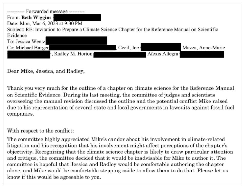 The image is an email message expressing gratitude for a climate science chapter outline, discussing a conflict of interest due to Mike's involvement in litigation against fossil fuel companies, and suggesting Jessica and Radley as potential authors.
AI-generated content may be incorrect. The image is an email message expressing gratitude for a climate science chapter outline, discussing a conflict of interest due to Mike's involvement in litigation against fossil fuel companies, and suggesting Jessica and Radley as potential authors.
AI-generated content may be incorrect.
