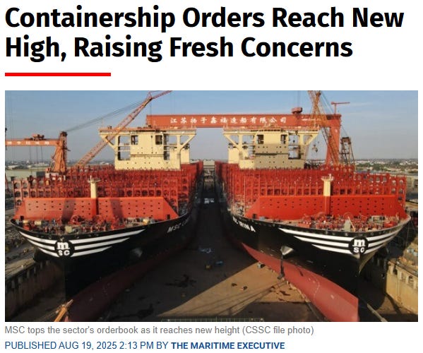 Containership orders surge to record highs as new MSC vessels are built in Chinese shipyards, highlighting oversupply risks in the global container shipping market. Image used in GSL deep dive, Global Ship Lease investment thesis, and containership industry analysis.