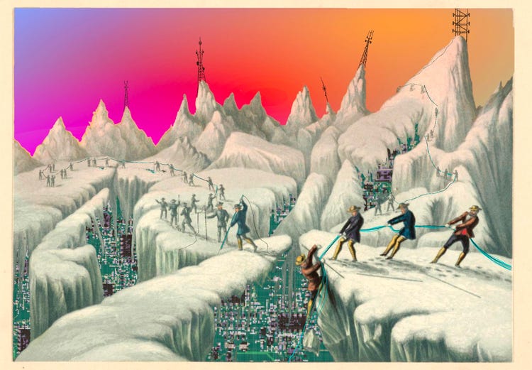 A surreal landscape of snowy cliffs with jagged mountain peaks under a vibrant gradient sky that shifts from orange to pink and purple. People wearing old-fashioned expedition clothing pull ropes across the snow, helping others traverse a crevice of circuits and wires. Tall transmission towers rise from the mountaintops, and in the depths of the canyon below, a grid of electronic circuits is melting the snow. A surreal landscape of snowy cliffs with jagged mountain peaks under a vibrant gradient sky that shifts from orange to pink and purple. People wearing old-fashioned expedition clothing pull ropes across the snow, helping others traverse a crevice of circuits and wires. Tall transmission towers rise from the mountaintops, and in the depths of the canyon below, a grid of electronic circuits is melting the snow.