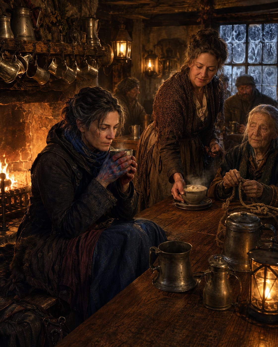 A firelit tavern interior at night, pewter mugs hanging on hooks above a stone hearth, heavy wooden tables worn to the color of old honey, frost visible through the window glass.