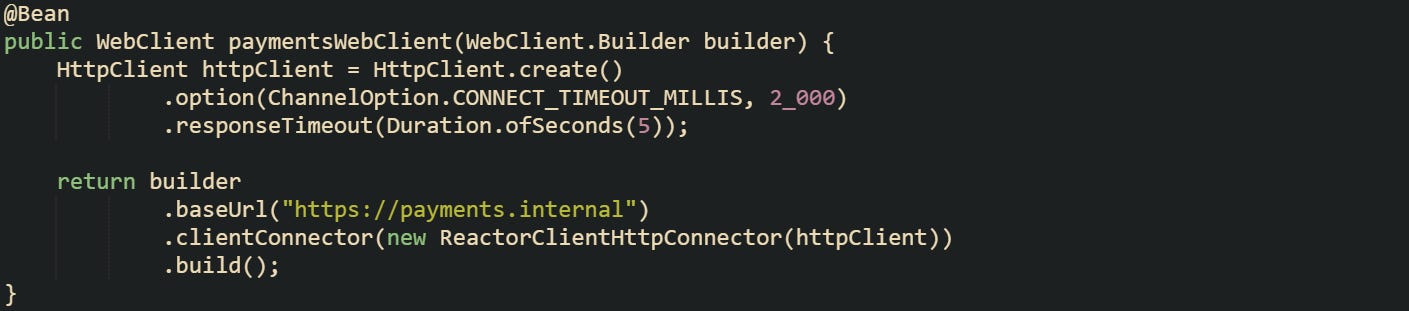 @Bean public WebClient paymentsWebClient(WebClient.Builder builder) {     HttpClient httpClient = HttpClient.create()             .option(ChannelOption.CONNECT_TIMEOUT_MILLIS, 2_000)             .responseTimeout(Duration.ofSeconds(5));      return builder             .baseUrl("https://payments.internal")             .clientConnector(new ReactorClientHttpConnector(httpClient))             .build(); }
