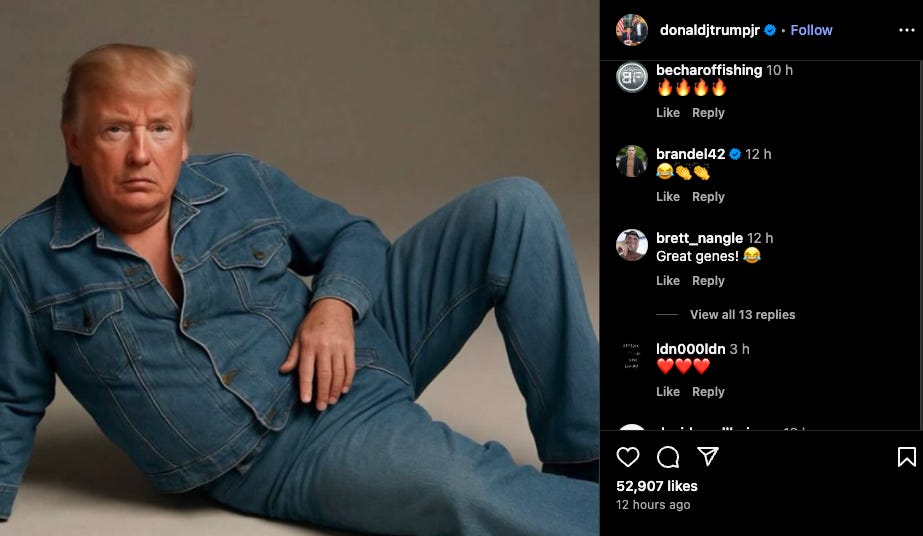 An AI post shared by Don Jr, seemingly referencing the American Eagle campaign, turned sparked a lot of conversation on social media. An AI post shared by Don Jr, seemingly referencing the American Eagle campaign, turned sparked a lot of conversation on social media.