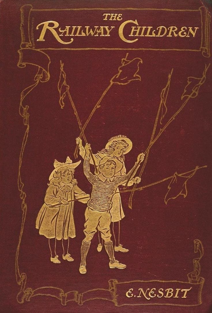 This may contain: an old book with the title'the runaway children'written in gold on red paper