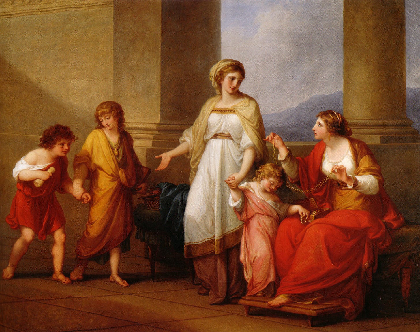 Cornelia, in white and gold, gestures toward her children while a seated visitor in red shows her jewelry, in Angelica Kauffman's Roman interior Cornelia, in white and gold, gestures toward her children while a seated visitor in red shows her jewelry, in Angelica Kauffman's Roman interior