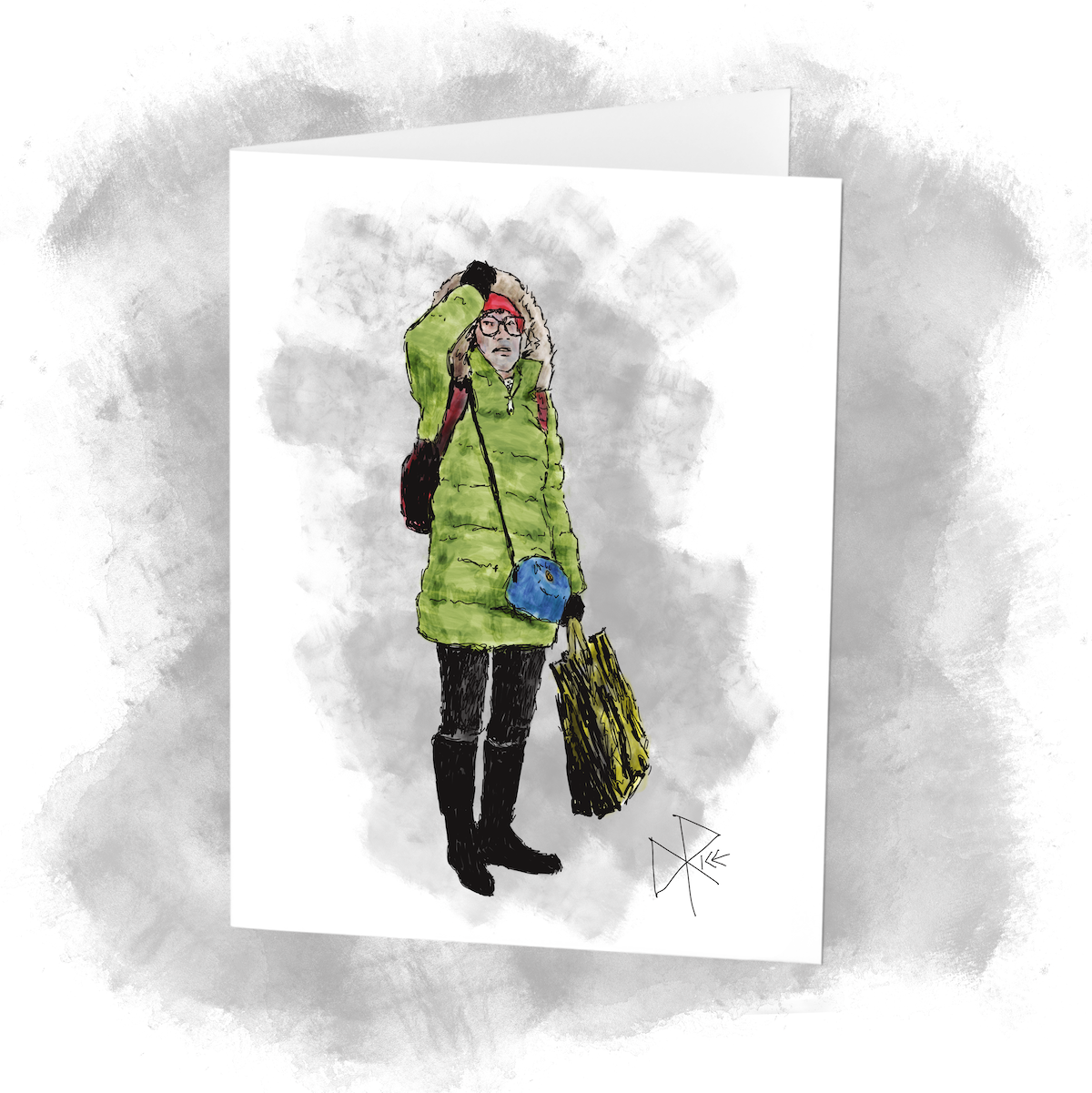 A woman pushes back the hood of her parka while holding a shopping bag in her other mittened hand. Sketch art by Don Rice.