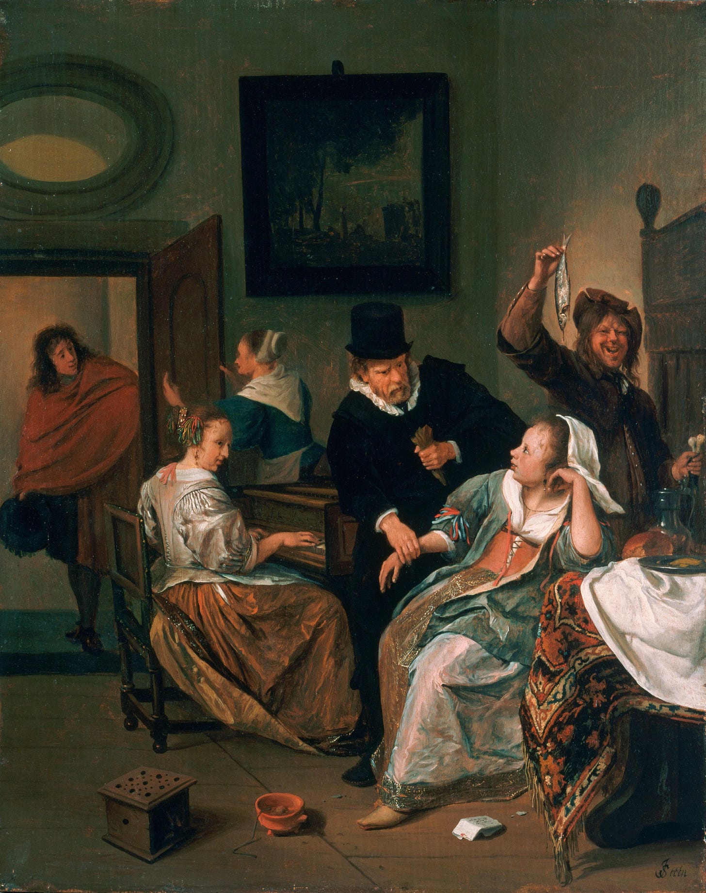 The Doctor's Visit by Jan Steen: a doctor takes the pulse of a pale young woman while a grinning man dangles a herring The Doctor's Visit by Jan Steen: a doctor takes the pulse of a pale young woman while a grinning man dangles a herring