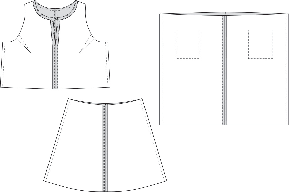Technical illustration of Austin Dress bodice and View A skirt pieces with side seams sewn, shown as flat pattern pieces and assembled