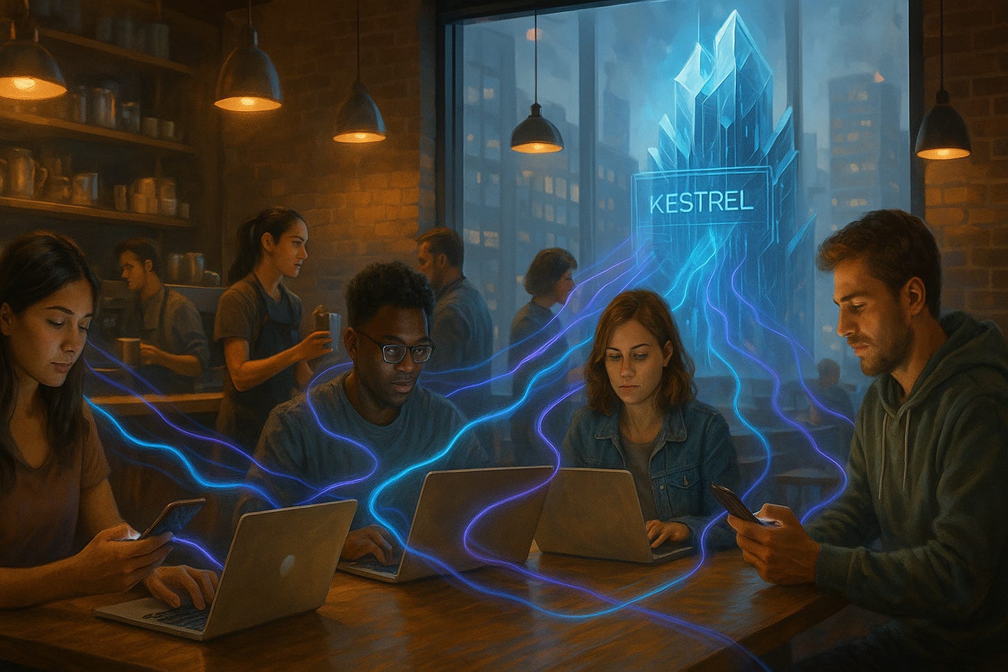 Coffee shop customers working on devices with glowing blue data streams connecting to crystalline Kestrel server display. Coffee shop customers working on devices with glowing blue data streams connecting to crystalline Kestrel server display.