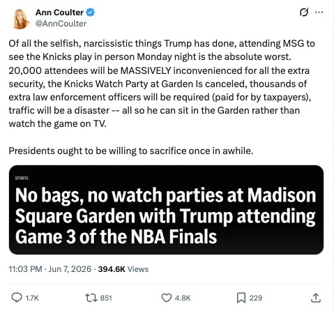 Of all the selfish, narcissistic things Trump has done, attending MSG to see the Knicks play in person Monday night is the absolute worst. 20,000 attendees will be MASSIVELY inconvenienced for all the extra security, the Knicks Watch Party at Garden Is canceled, thousands of extra law enforcement officers will be required (paid for by taxpayers), traffic will be a disaster -- all so he can sit in the Garden rather than watch the game on TV. Presidents ought to be willing to sacrifice once in awhile. Of all the selfish, narcissistic things Trump has done, attending MSG to see the Knicks play in person Monday night is the absolute worst. 20,000 attendees will be MASSIVELY inconvenienced for all the extra security, the Knicks Watch Party at Garden Is canceled, thousands of extra law enforcement officers will be required (paid for by taxpayers), traffic will be a disaster -- all so he can sit in the Garden rather than watch the game on TV. Presidents ought to be willing to sacrifice once in awhile.