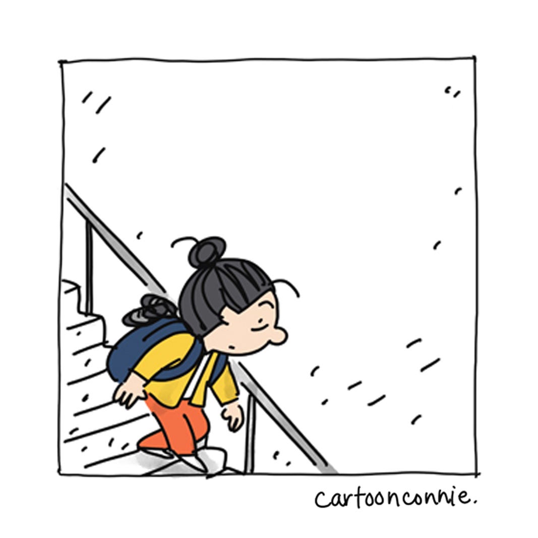 Excerpt from a 6-panel comic strip titled "Introvert in the City" by Connie Sun, cartoonconnie, 2025.  Excerpt from a 6-panel comic strip titled "Introvert in the City" by Connie Sun, cartoonconnie, 2025.