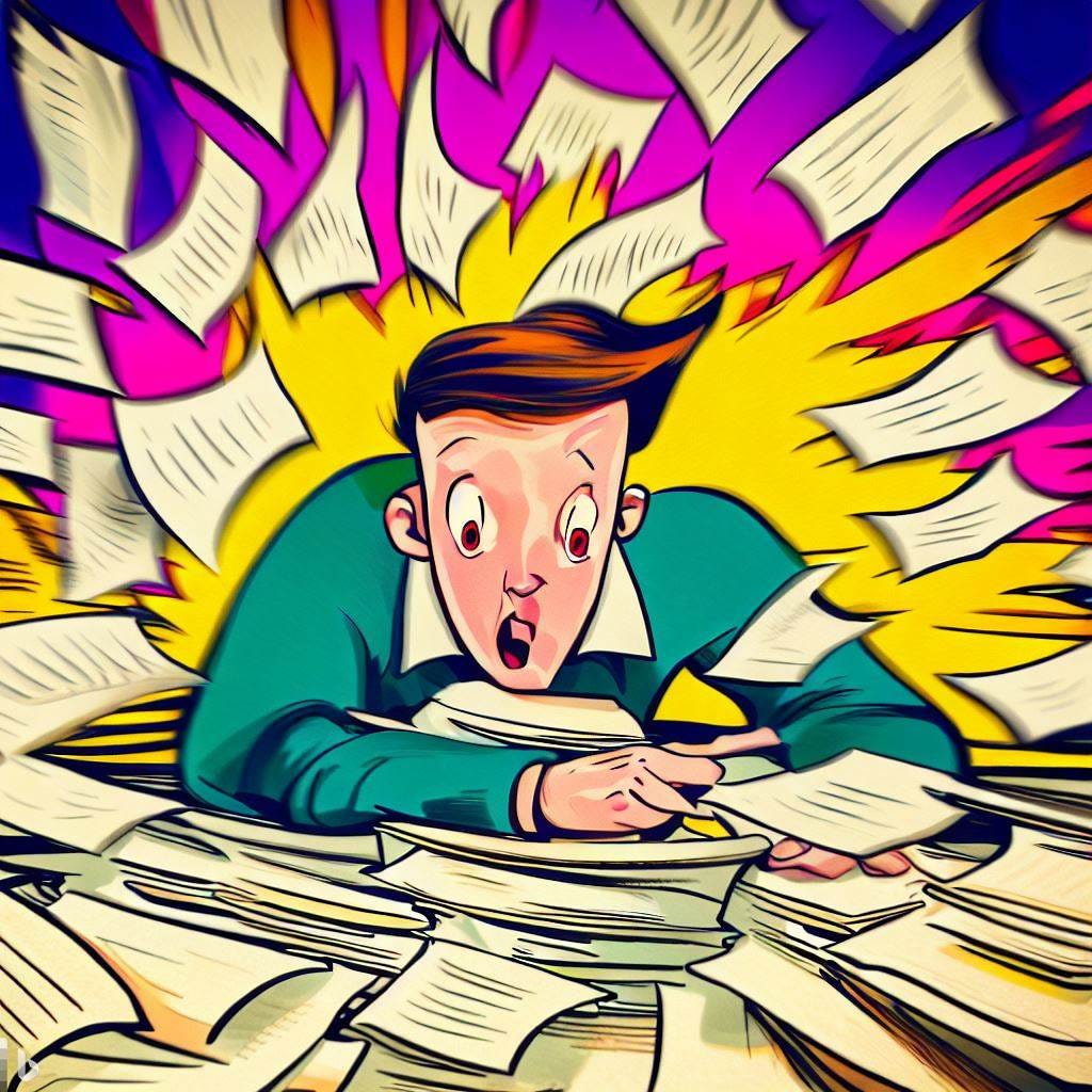 A student frantically fills dozens of applications to go to college frantic energy, cartoon, 1930s style, colorful
