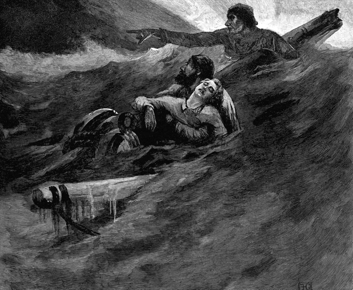 Three shipwrecked men are partially submerged in a turbulent sea, surrounded by waves and ripples. One has wrapped his arm around the chest of his passed-out companion to keep him afloat, while clinging to a spar. The third man, holding on to the same piece of wood, points to the left with his right hand. Three shipwrecked men are partially submerged in a turbulent sea, surrounded by waves and ripples. One has wrapped his arm around the chest of his passed-out companion to keep him afloat, while clinging to a spar. The third man, holding on to the same piece of wood, points to the left with his right hand.
