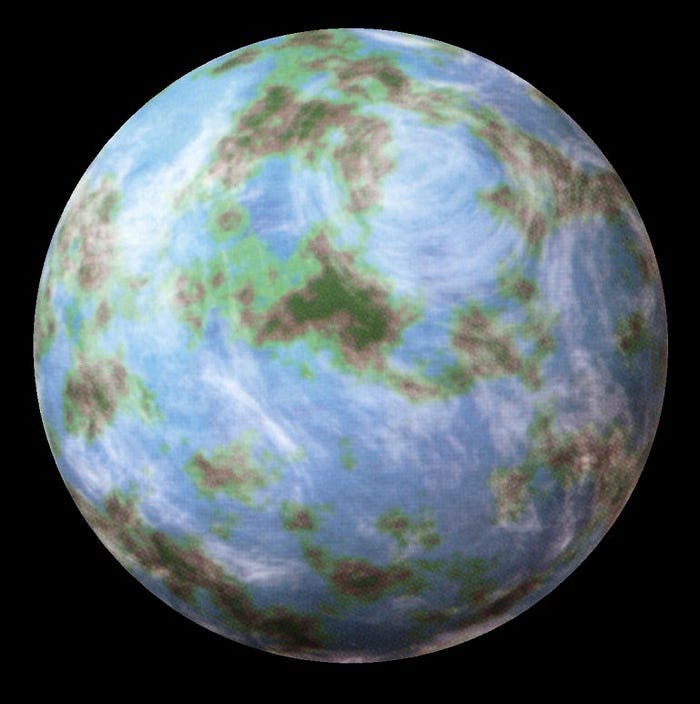 The blue Maldek Planet, adorned with green and white clouds, now depicted as lifeless.