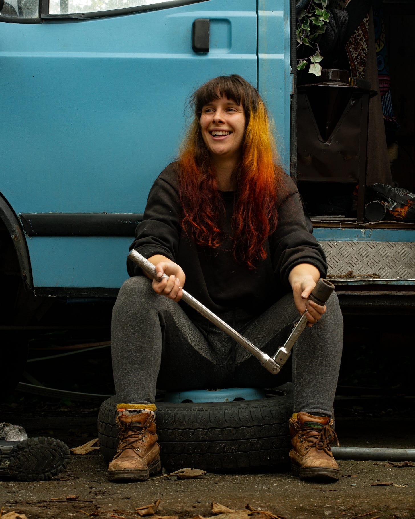 female girl woman mechanic petrol head growing up story travel writer van life welding repair spanners bodge fix LDV Convoy British vehicles old 