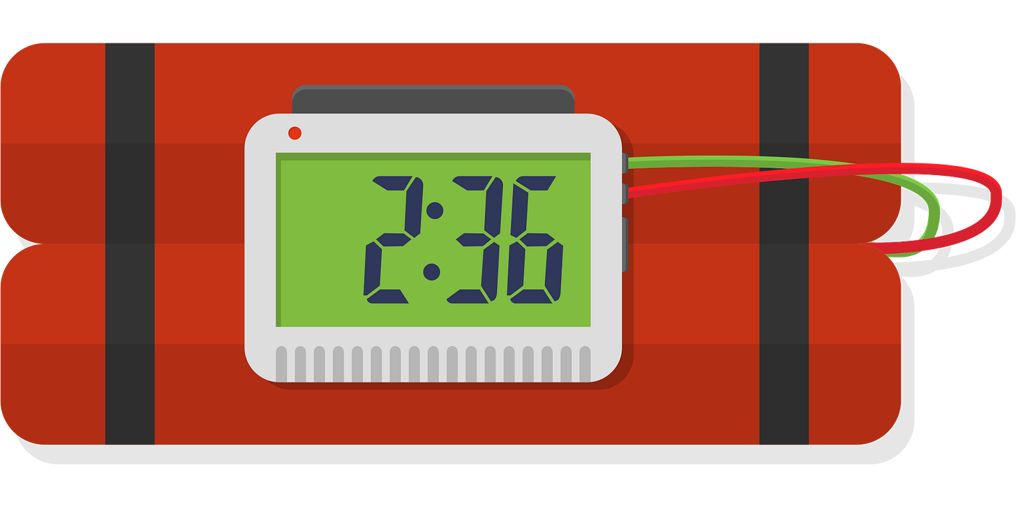 A drawing of a dynamite bomb with a timing reading "2:36"
