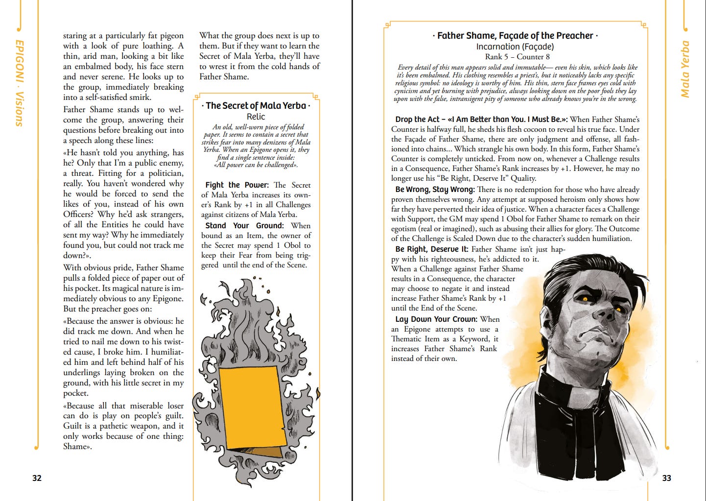 A two-page spread from a tabletop role-playing game book. The pages include character descriptions, game mechanics, and illustrations, including a close-up portrait of a man.