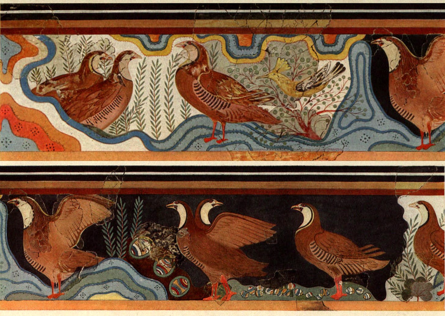 Colorful Minoan fresco featuring eight red-legged partridges standing alongside a stream and a European hoopoe sitting in a bush.