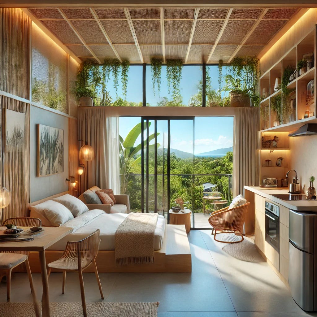 Close-up of the interior, designed to be cozy, modern, and eco-friendly while maximizing natural light and sustainability.