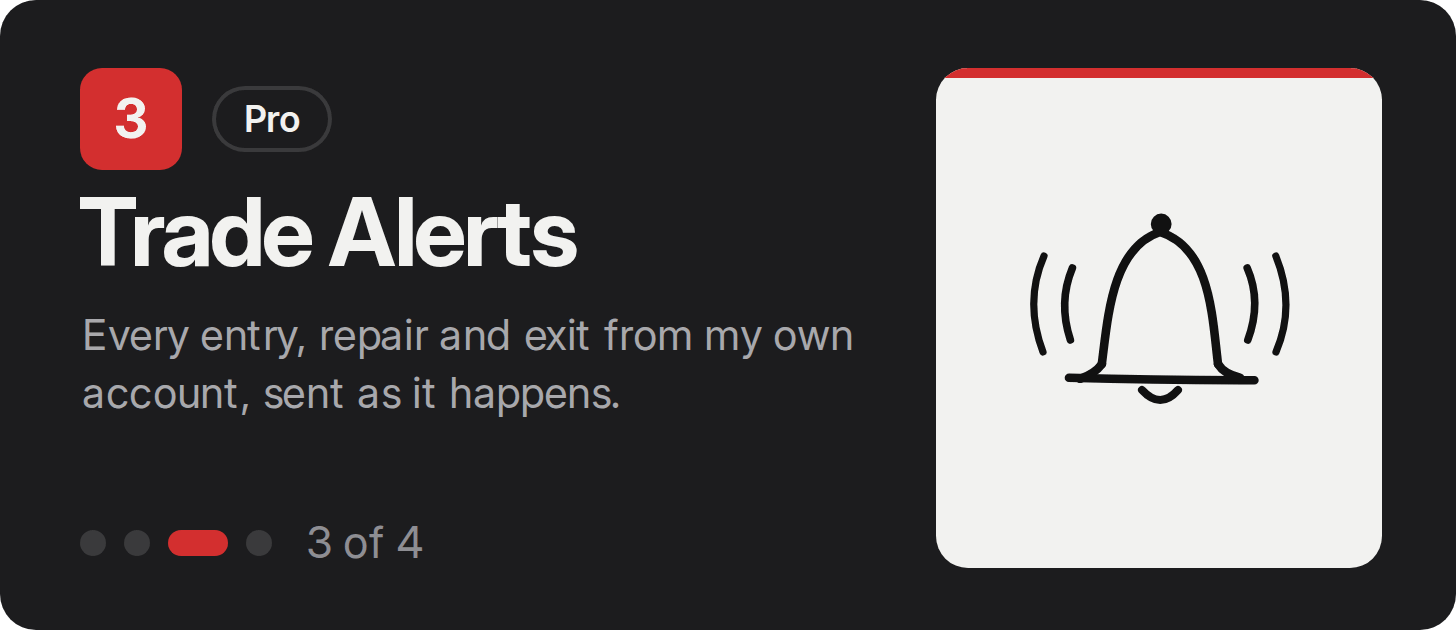 Trade Alerts, Pro: every entry, repair and exit from my own account, sent as it happens.