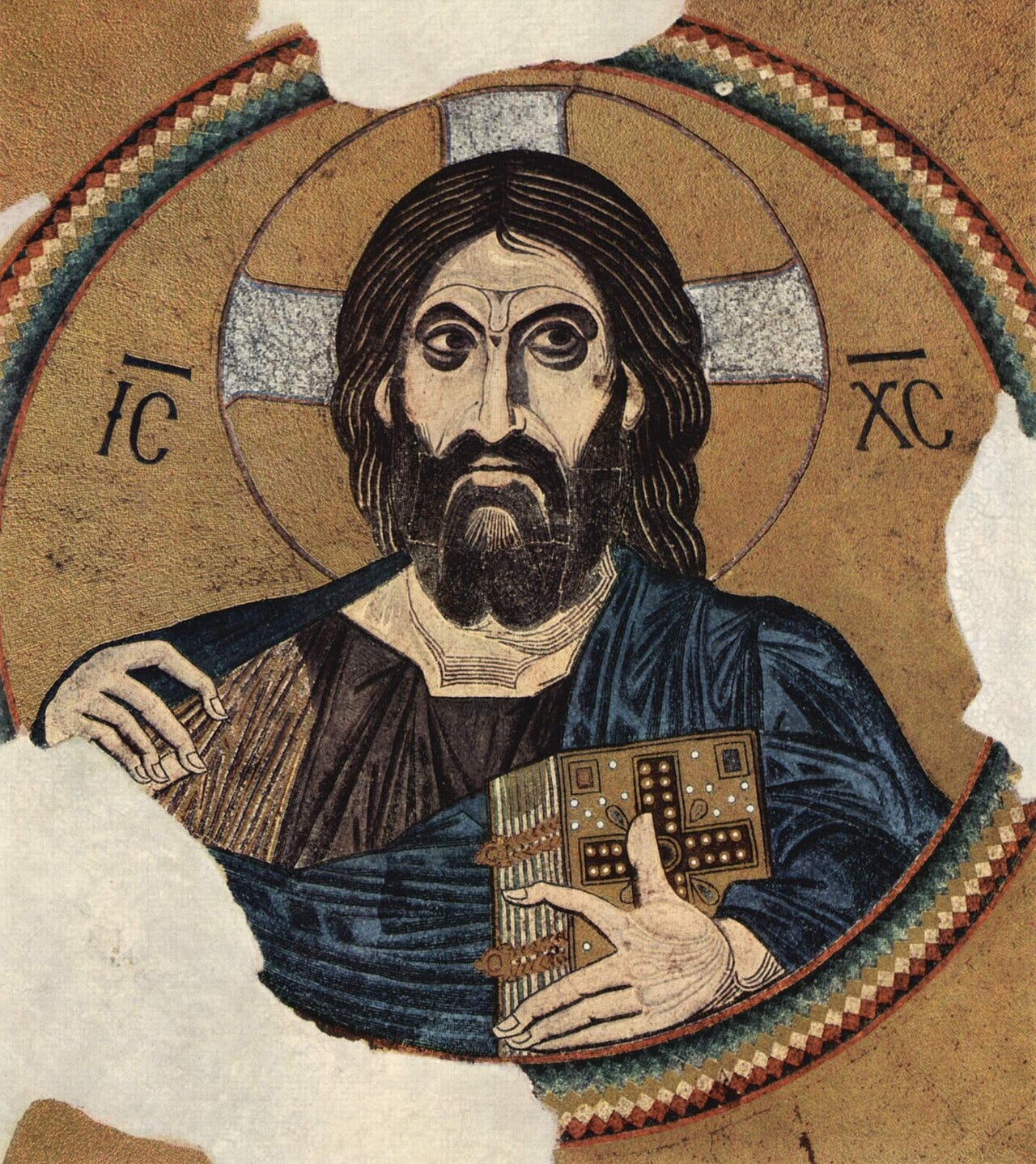 Christ Pantocrator mosaic in a gold medallion at the top of the dome of Daphni Monastery Christ Pantocrator mosaic in a gold medallion at the top of the dome of Daphni Monastery