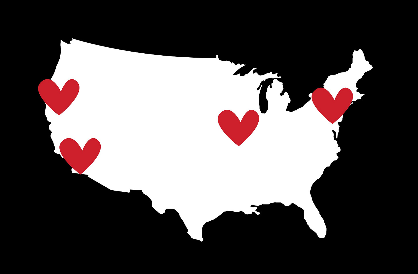 Graphic of a map of the United States with four hearts scattered across the country.