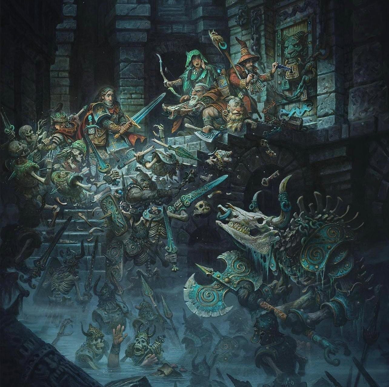 An illustration by Justin Gerard. It depicts a party of adventurers fighting off a horde of skeletons. The horde is forcing the party up a flight of stairs and back against a locked door that one of the members of the party is frantically trying to open.