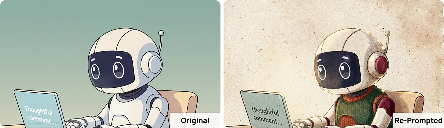 The left image shows the original: a simple, flat cartoon-style robot sitting at a desk, typing on a laptop with the text “Thoughtful comment…” on the screen. The shading is minimal, colours are smooth, and the background is a clean, muted gradient.  The right image shows the Nano Banana re-prompted version, restyled into a cosy, textured, winter-themed illustration. The robot keeps the same pose and proportions, but is redesigned with warm, tactile materials: a knitted green sweater with ribbed collar, cloth-like arm coverings, and subtle fibre textures on the metal surfaces. The laptop becomes more analogue and worn, with a soft painterly finish.  The background shifts from a flat gradient to a raw, speckled, organic paper texture, adding hygge warmth and handcrafted charm. Lighting softens into a candlelit, storybook glow, enhancing the cosy, analogue mood.  Overall, the transformation illustrates how Nano Banana can turn a basic cartoon robot into a warm, tactile, handcrafted winter character, preserving identity while adding depth, texture, and cosy emotional tone.  Themes: AI restyling, cosy winter textures, knitted clothing, hygge illustration style, tactile redesign, character transformation, handcrafted analogue simulation.