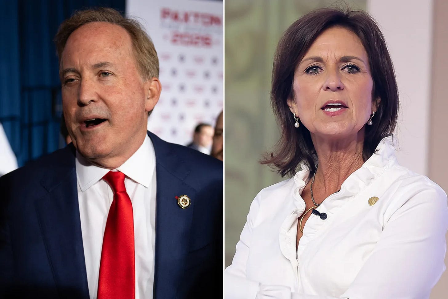 Texas Attorney General Ken Paxton on March 3, 2026 in Dallas, Texas; Texas State Senator Angela Paxton on June 14, 2025 in Grapevine, Texas. Texas Attorney General Ken Paxton on March 3, 2026 in Dallas, Texas; Texas State Senator Angela Paxton on June 14, 2025 in Grapevine, Texas.