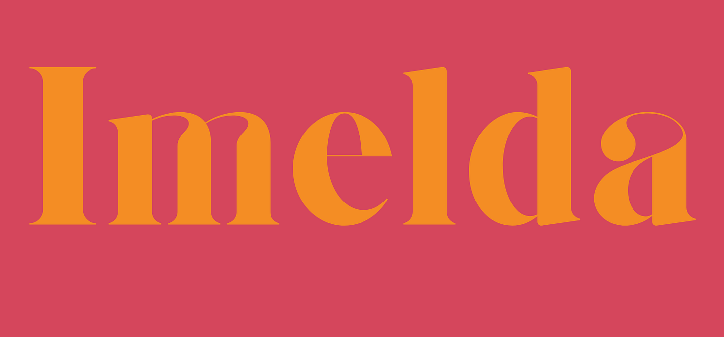 Imelda, written in orange text on a dark pink background
