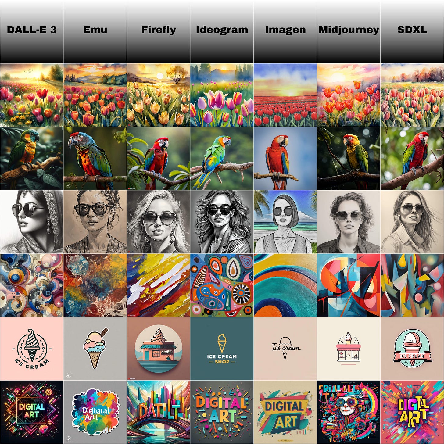Side-by-side comparison of all 7 text-to-image AI models - DALL-E 3, Emu, Firefly, Ideogram, Imagen, Midjourney, and SDXL