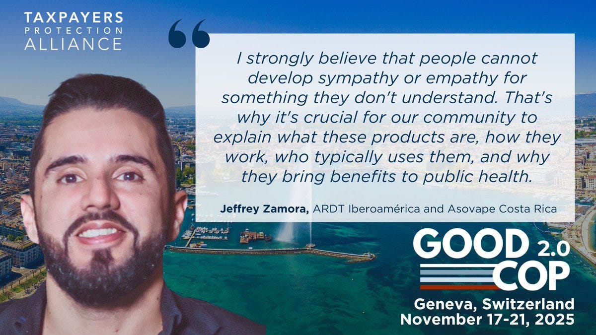 A professional headshot of Jeffrey Zamora, a man with short dark hair and a beard, smiling slightly against a blurred outdoor background of a cityscape with buildings and water. The image includes overlaid text quoting him on the importance of empathy in community work for public health, with logos for Taxpayers Protection Alliance, ARDT Iberoamerica, Asovape Costa Rica, and Good COP 2.0. Event details for Geneva, Switzerland, November 17-21, 2025, are displayed at the bottom.