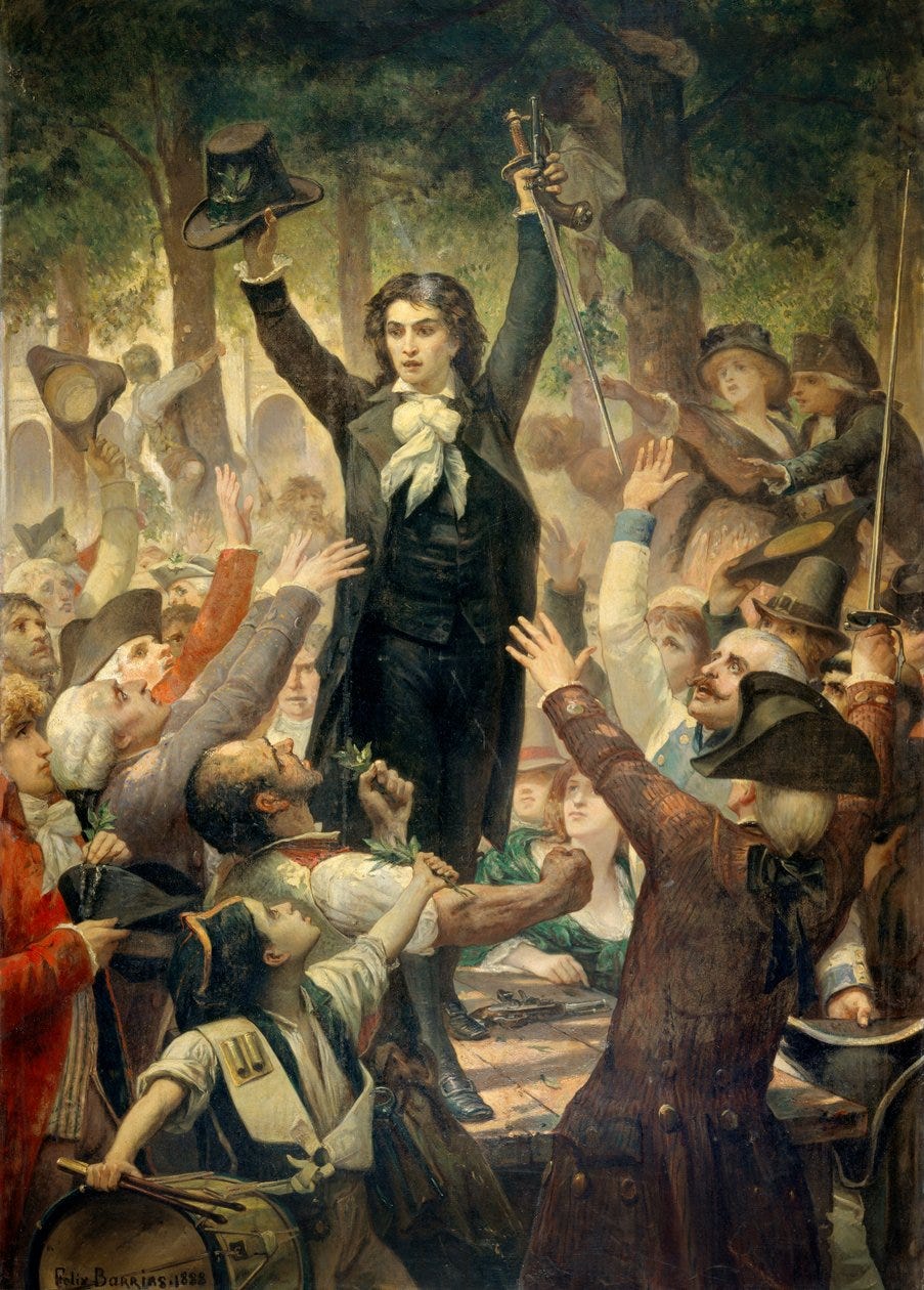 A painting of French revolutionaries depicts an excited audience listening to a passionate speaker in a rural setting.