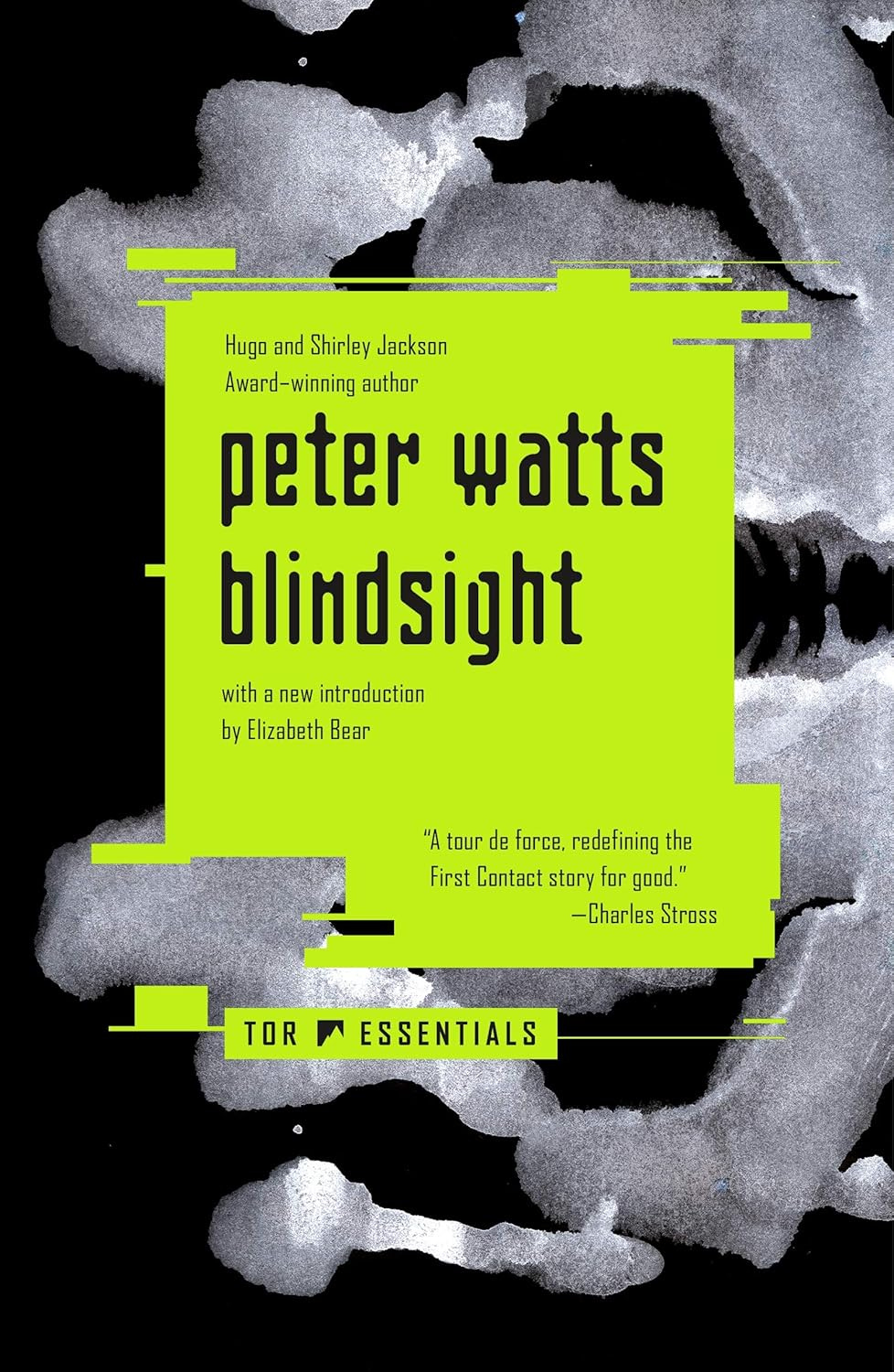 Book cover of "Blindsight" by Peter Watts, featuring a neon green square with black text on a grayscale abstract background. Includes praise from Charles Stross. Book cover of "Blindsight" by Peter Watts, featuring a neon green square with black text on a grayscale abstract background. Includes praise from Charles Stross.