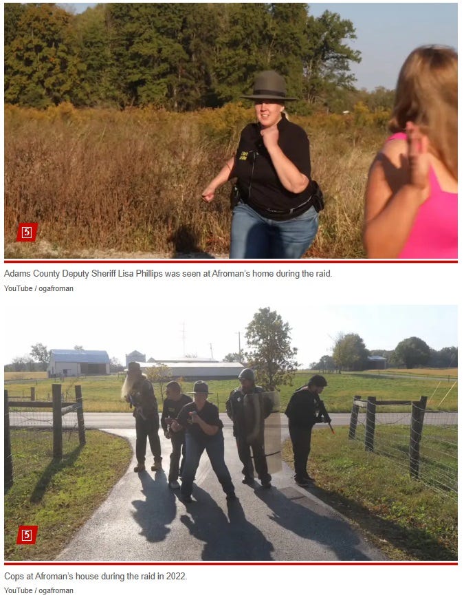 Pair of misidentified screenshots from the New York Post, claiming that stills from a satirical recreation of the raid on Afroman's home are pictures of the actual raid. Top: Image of an actor who resembles one of the deputies in the raid running, with caption 'Adams County Deputy Sheriff Lisa Phillips was seen at Afroman’s home during the raid.' Bottom: Another screenshot from the recreation, showing actors brandishing toy guns, with the inaccurate caption ''Cops at Afroman’s house during the raid in 2022.'