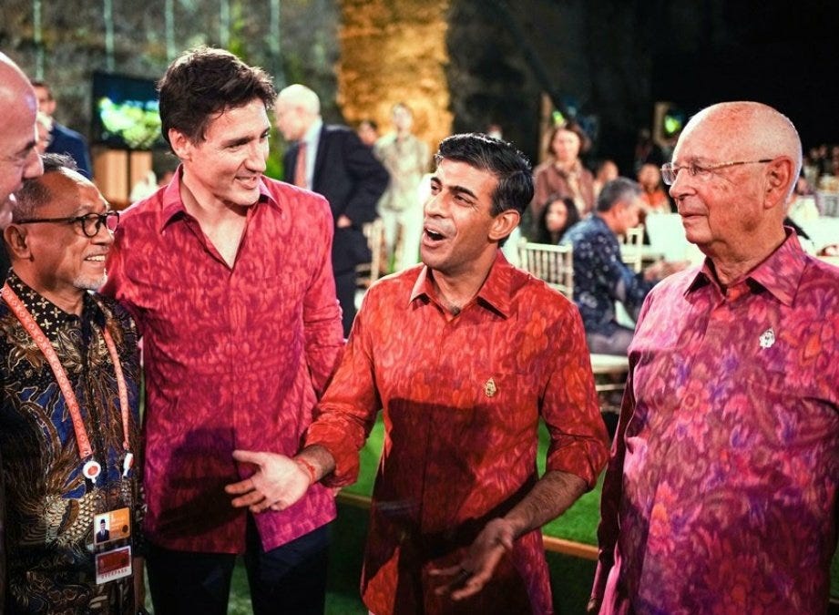 Justin Trudeau's Ego's tweet - "This evening, I met with fellow #G20  leaders Klaus Schwab and PM @RishiSunak. We discussed the rise of far-right  propaganda, the battle against climate change, and socks.