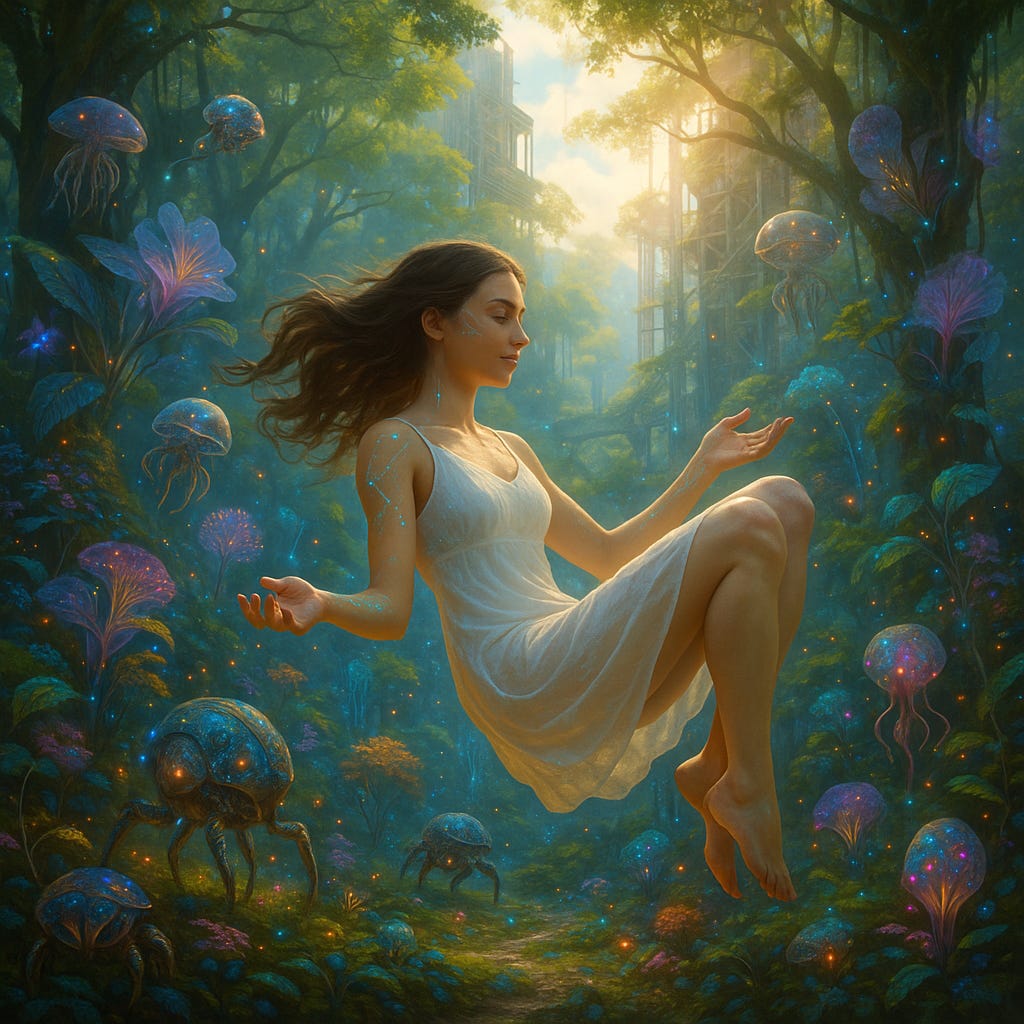 A serene woman in a white dress floats peacefully at the center of a vibrant, futuristic forest filled with glowing, biomechanical plants and creatures. Around her, diverse life forms—bioluminescent flowers, hybrid insects, and jellyfish-like beings—intertwine with luminous vines and advanced architectural structures in the background. The scene radiates harmony, complexity, and interconnectedness, visually representing nature’s principles of modularity, redundancy, diversity, connectivity, and flexibility.