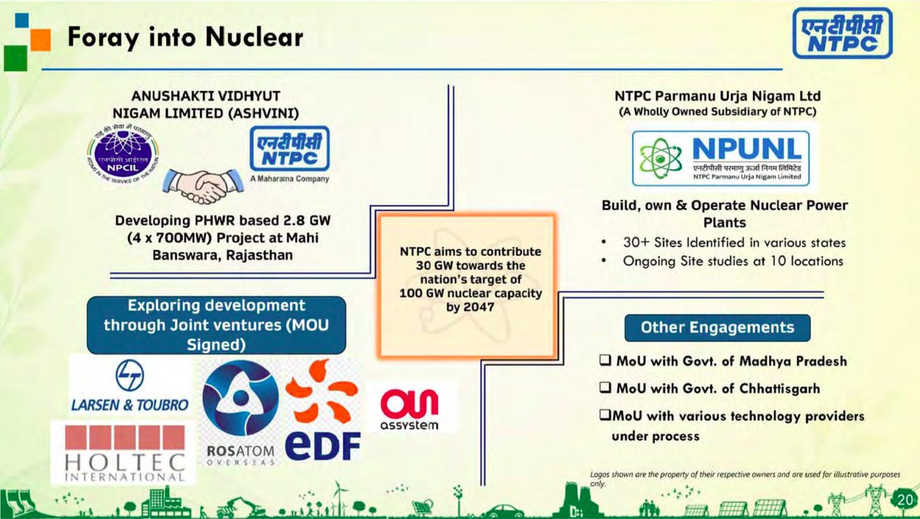 NTPC nuclear plans: 30 GW by 2047, its NPCIL joint venture, and its wholly owned nuclear subsidiary. The main text explains these plans.