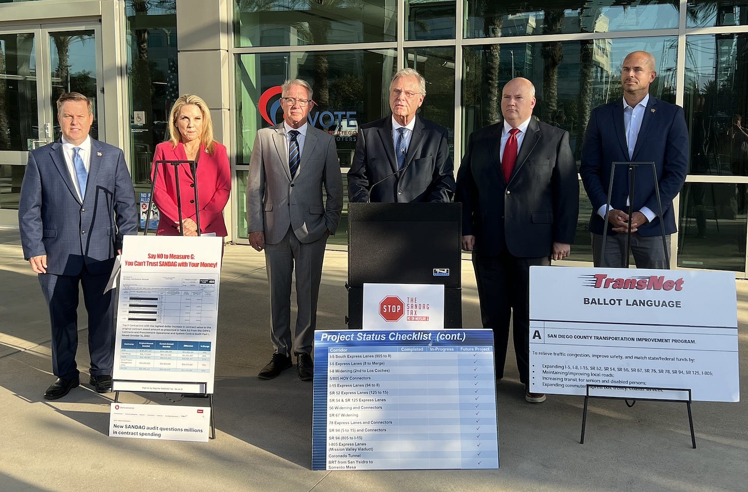 From left are mayors John McCann of Chula Vista, Rebecca Jones of San Marcos, Bill Wells of El Cajon, San Diego County Supervisor Jim Desmond and mayors John Franklin of Vista and Richard Bailey of Coronado. They held a press conference on Wednesday opposing Measure G, a half-cent sales tax to help fund SANDAG’s regional transportation plan. Courtesy photo From left are mayors John McCann of Chula Vista, Rebecca Jones of San Marcos, Bill Wells of El Cajon, San Diego County Supervisor Jim Desmond and mayors John Franklin of Vista and Richard Bailey of Coronado. They held a press conference on Wednesday opposing Measure G, a half-cent sales tax to help fund SANDAG’s regional transportation plan. Courtesy photo